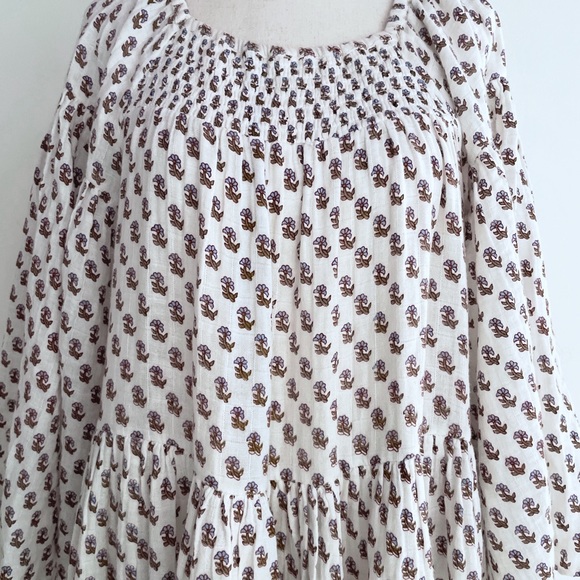 NWT Anaak Block Print Floral Blue and Cream Oversized Smocked Tiered Midi Dress - Picture 5 of 9